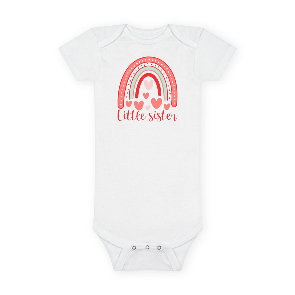 Little Sister Rainbow Onesie – Baby Short Sleeve Bodysuit with Heart Back