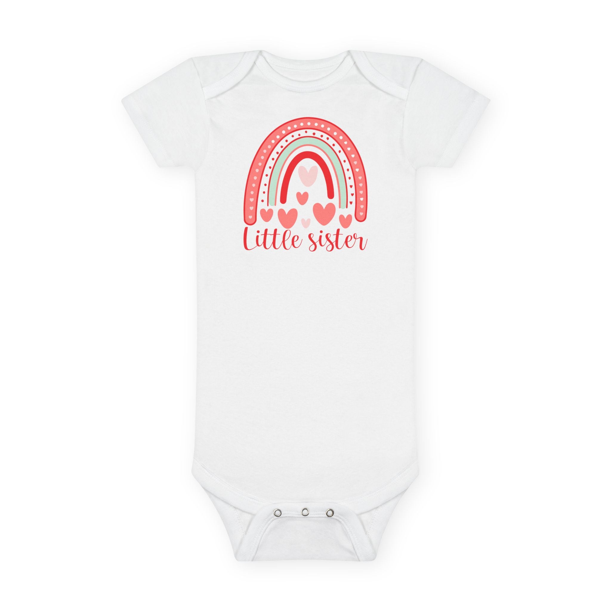 Little Sister Rainbow Onesie – Baby Short Sleeve Bodysuit with Heart Back